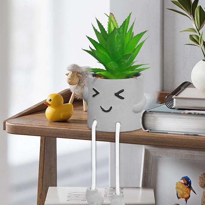 SEMSOIIO 3 Pcs Aesthetic Faux Succulents with Dangling Legs Small Fake Plants in Face Pots Kawaii Shelf Sitters Unique Office Gifts for Women and Coworkers Grey