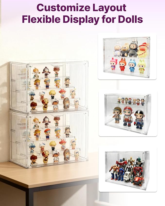 4-Tier Clear Acrylic Display Case for Funko Pop, Labubu, Disney Stitch, SKULLPANDA, Crybaby, DIMOO, Twinkle Twinkle, Sonny Angel, Tiny Tan, Barbie & Mini Collectibles, Dustproof Stackable Showcase
