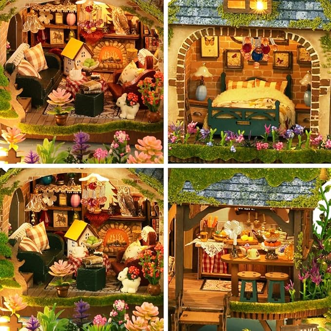 DIY Miniature Dollhouse Kit Forest Cottage Dollhouse Handcrafted Wooden Miniature House with LED Light for Adults Unique Gifts for Teens (Forest Adventure)