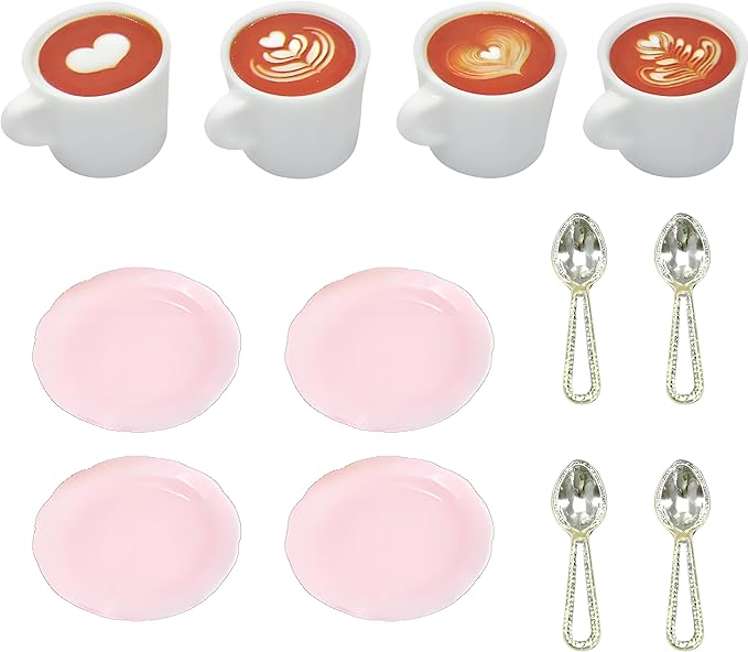 4Sets Kitchen & Dining Theme Miniature Dish Set – 1:12 Scale Plates,Spoons & Coffee Cups,Realistic Porcelain Tableware for Dollhouse,Miniature Dinner Accessories,DIY Display&Decorative Utensils (Pink)