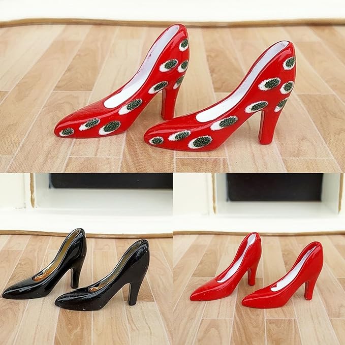 LOGOFUN 3pairs 1:12 Dollhouse Miniature High Heeled Shoes Hand Painted Solid Resin Accessories for Model Display