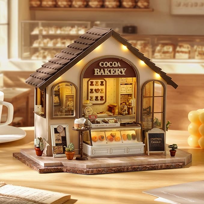 TuKIIE DIY Miniature House Kit with Furniture, 1:24 Scale Creative Room Mini Wooden Christmas Dollhouse Book Nook Plus Dust Proof & Music Movement for Kids Teens Adults(Leisurely Bakery)