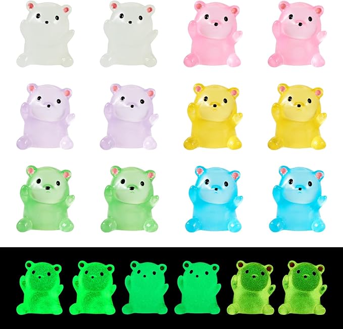 Beadthoven 24Pcs Luminous Mini Resin Bears, Glowing Gummy Bear Animals Miniature Sculpture Dollhouse Figurine Colorful Cute Cabochons Small DIY Charms Micro Fairy Garden Craft Landscape Ornaments