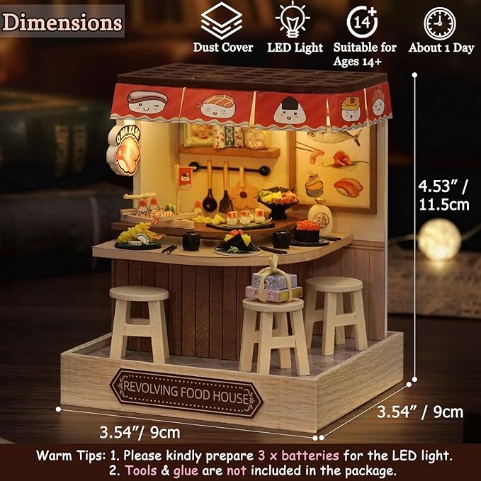 TuKIIE DIY Miniature Dollhouse Kit with Furniture, 1:24 Scale Creative Room Mini Wooden Christmas Doll House Plus Dust Proof for Kids Teens Adults(Revolving Food House)