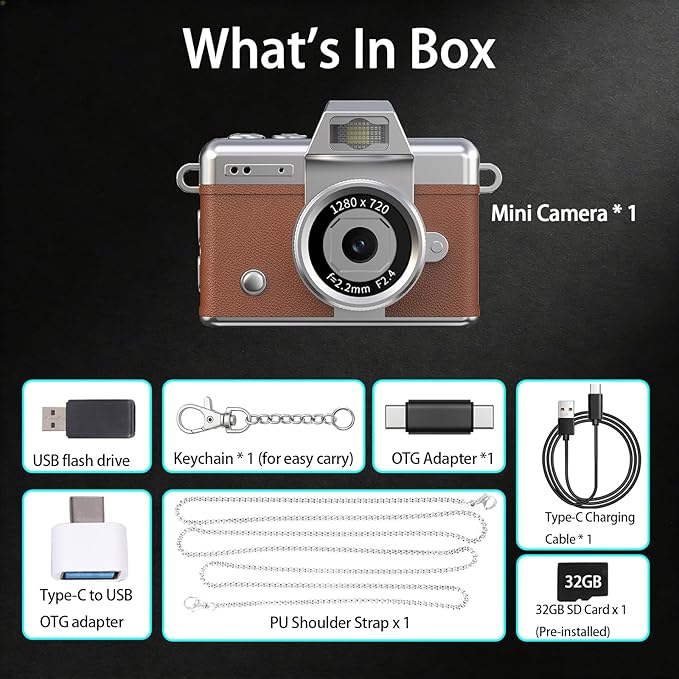 Pyxfeiiu Mini Keychain Camera,1080p Video Mini Digital Camera,Retro Flip Screen Small Bodycam,with Adapter and 32GB Card (Expandable to 128GB),USB Charging Long Battery Life for Kid,Travel,Vlog