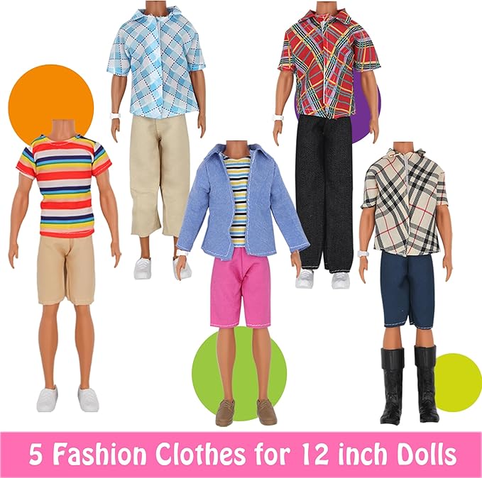 33Pcs Doll Clothes and Accessories for 12 Inch Boy and GirlDoll, Includes 20 Wear Clothes Shirt Jeans Suit and Wedding Dresses, Glasses Earphones Dog and Bike for 12'' Boydoll Girldoll