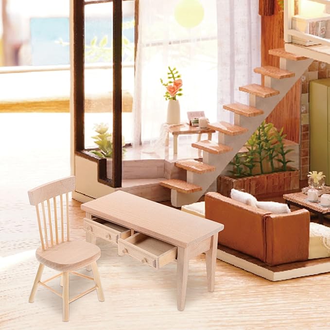 Wooden Dollhouse Furniture: Dolls Table & Chair Furniture Set Living Room Miniature Desk Chair for Mini House Accessories