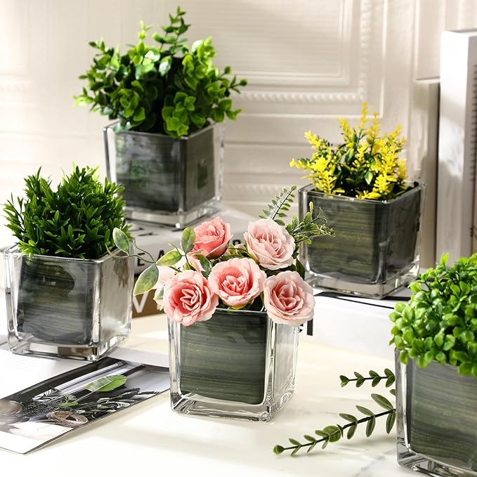 Kritkin 24 Pcs Square Glass Vases 4 x 4 Inch and 4 Rolls 3 Inch x 30 Yards Leaf Floral Ribbon Clear Glass Cube Vase Square Flower Vases for Centerpieces Candle Holders for Home Table Wedding Events