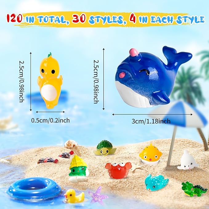 120 PCS Miniature Ocean Theme Mini Resin Ocean Animals Ocean Mini Figurines Resin Axolotl for DIY Fish Tank Accessories, Micro Landscape Aquarium