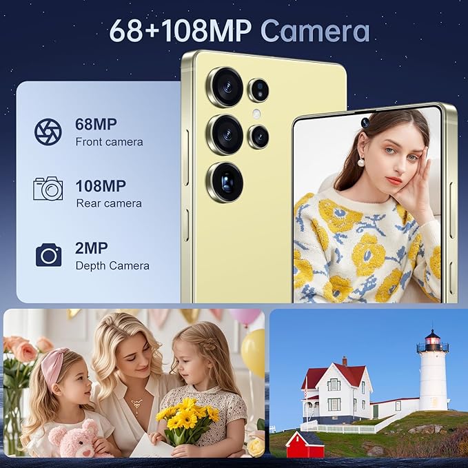 BDWJW I25 Ultra Smartphone 16GB+512GB Android 14 Smartphone, 6.99" FHD+ Display, 7000mAh Battery, 108MP+68MP Dual Camera, Built-in Pen Stylus, Fast Performance Large Memory (Yellow)