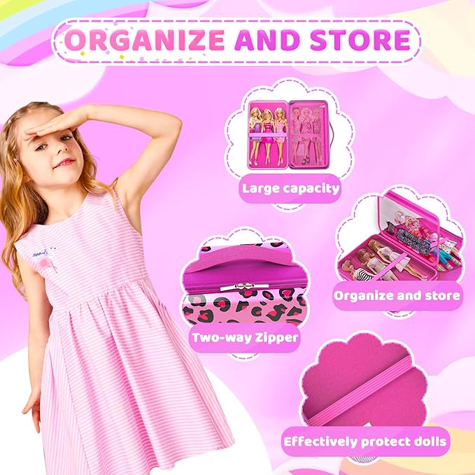 LININYHAO Carrying Case Compatible with Barbie Dolls 12-Inch,Case to Hold Dolls and Clothes, Much Pocket for Doll’s Clothes, Accessories, Fits 6 Dolls & Accessories,Bag Only (4-Leopard Print)
