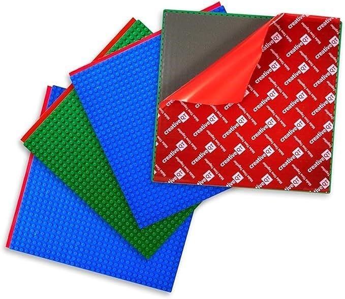 Creative QT Peel & Stick Blocks Base Plate - 10 x 10 in, 4-Pack, Blue & Green - Stackable Building Toy for Play Tables & Wall Panels - Adhesive Baseplate Compatible with Lego & Other Major Brands