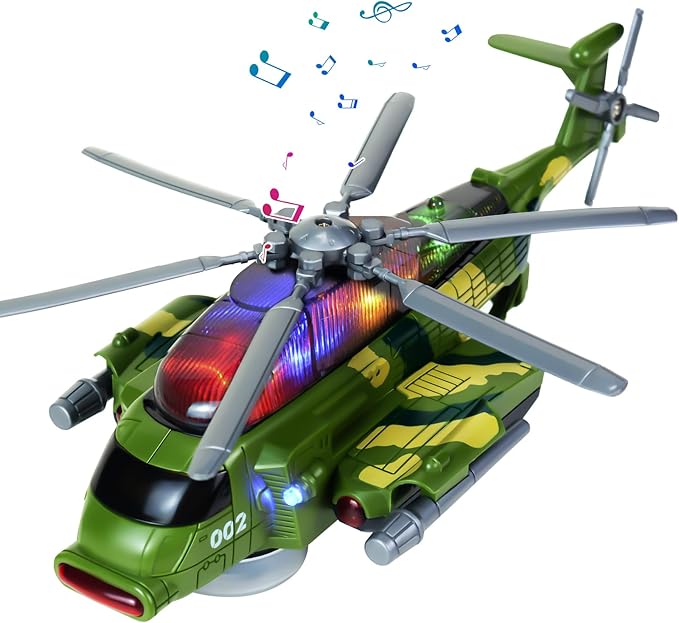 Helicopter Toy for Kids 3-5 6 7, Army Military Toy Helicopters with Lights and Music for Toddlers Birthday Easter Gifts, Bump and Go Airplane Toys for Boys Girls 3 4 5 6 7 Years Olds