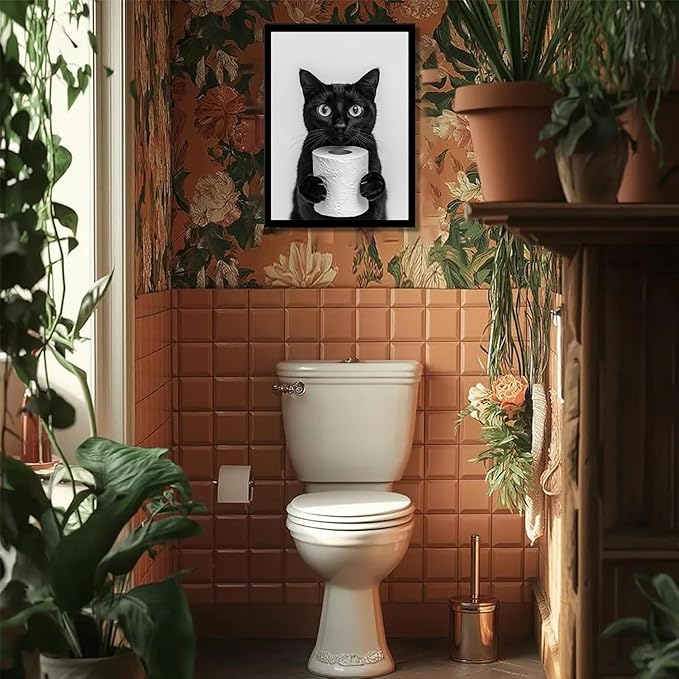 VPUQWGKE Bathroom Black Cat Wall Art Cute Black Cat Holding Toilet Paper Picture Wall Decor Funny Animal Painting Artwork Black and White Print for Bathroom Toilet Home Decoration 12x16in Black Frame