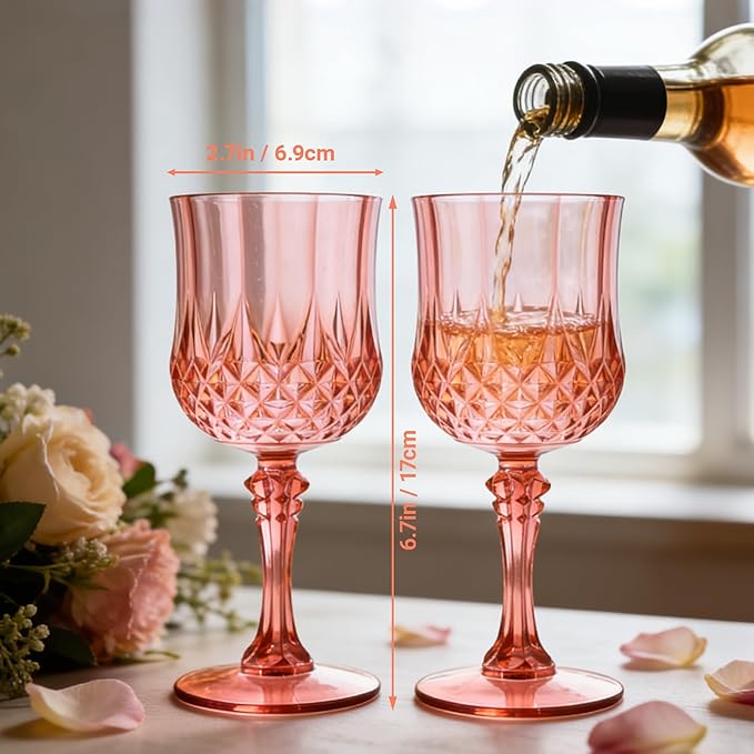 LEYIQU Plastic Wine Glasses, Plastic Goblets Vintage Style Cordial Drinking Glasses for Valentine’s Day, Wedding Reception, Grand Event Party Supplies (12, Rose Gold)