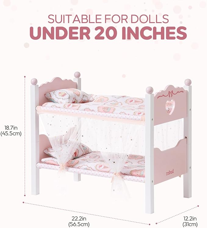 ROBUD Baby Doll Crib, Wooden Baby Doll Beds for 20 Inch Dolls, Baby Doll Bunk Beds with Gauze Curtain, American Girl Doll Bed for Gifts, WRP35