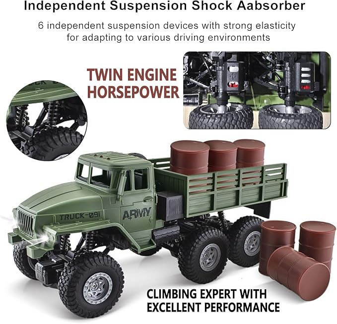 RC Military Truck 6x6 Road Remote Control Car 1/16 Scale Remote Control Truck 4WD All Terrain Rock Army Transport Vehicle Toy Vehicle for Kids Children Boy Gift