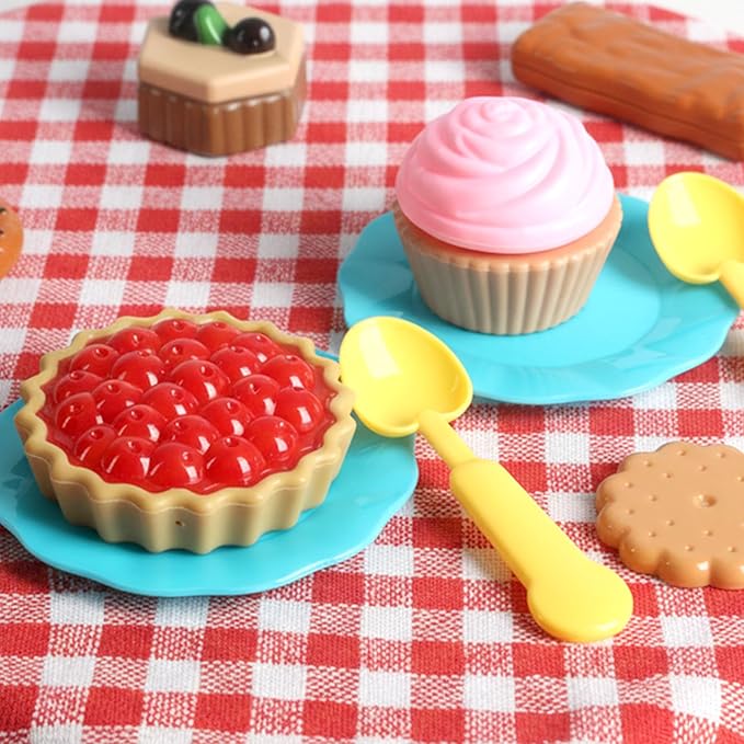 LOVESTOWN Pretend Play Desserts Toy Set - 29 PCS Kids Desserts Fake Food for Tea Party & Birthday Gift