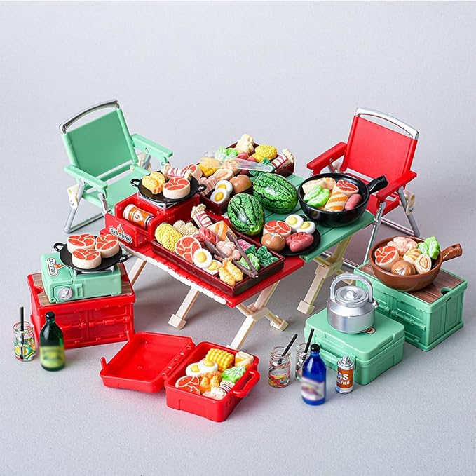 1/12 Scale Mini Realistic Camping Picnic Table and Chair Model Set, Dollhouse Food-Play Props, Prentend-Play Accessory Set (3-Color Camping Accessories + Food Items)