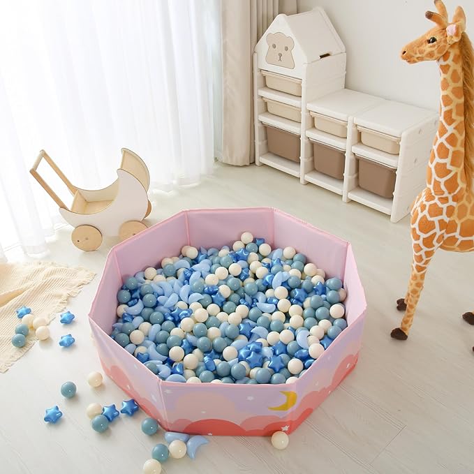 GOGOSO Ball Pit Balls Stars Moon Shapes Plastic Pitballs for Toddler Play Tent Baby Photo Props Kids Pool Water Toys Kiddie Pool Party Decor, Pearl Blue+Cream Blue+White,200PCS