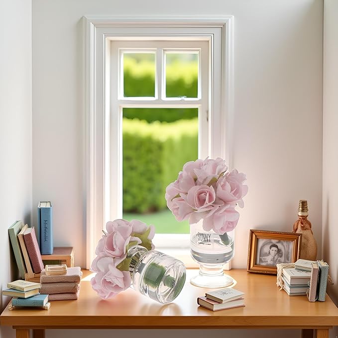 2 Pcs Pink Dollhouse Miniature Flowers Dollhouse Mini Vase with Flower Dolls House Flower Glass Vase 1:12 Scale Dollhouse Miniature Flower in Vase, Lightweight Dollhouse Decor