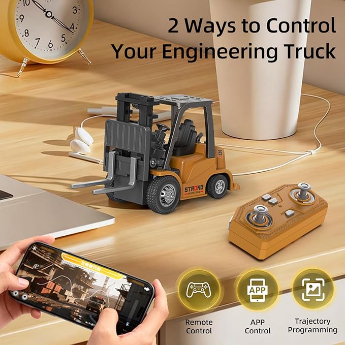 Mini RC Forklift, 1/64 Forklift Truck Toys Rechargeable, App & Remote Control, 2 in 1 Transformable Lift Fork & Hook, Mini RC Construction Vehicles Birthday Gifts for Adults Kids Age 6+