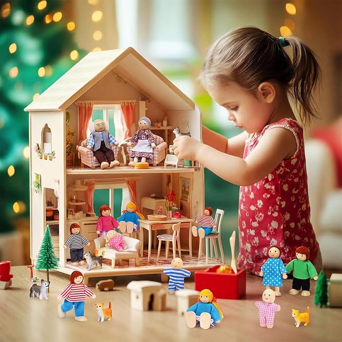 Skylety 20 Pcs Wooden Dollhouse Family Set of 16 Mini People Figures and 4 Pets, Wooden Dollhouse Dolls Cosplay Family Figures Accessories for Pretend Toy(Rustic Style)