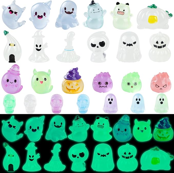 25 PCS Luminous Halloween Miniatures Figurines Halloween Resin Figures Glow in The Dark Miniature Skeleton Ghost Ornaments for Horror Party Favors Fillers Home Tabletop Decor