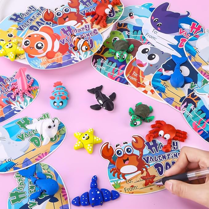 24pcs Valentines Day Gifts 3D Printed Ocean Animals Figurines with Valentine's Cards for Kids Boys Girls Valentine Day Party Favors Toys Classroom School Prize Rewards Gifts Exchange