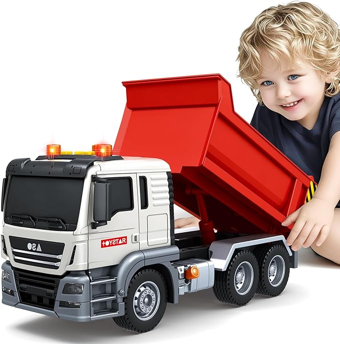 Kids Toys for 3 4 5 6 7 8 Years Old Boys, Large Dump Truck Toy with Lights, Sounds, Red Toddler Friction Powered Truck Vehicle Toy for Boys Girls Birthday Gifts