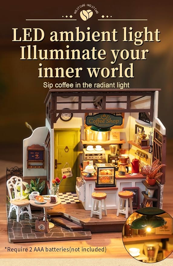 Rowood Coffee Miniature House Kit, DIY Miniature Dollhouse Kits Gifts for Adults to Build, Mayberry Street Miniatures, Wooden Adults Crafts, Mini Model Kits with LED, Birthday for Adult(NO.17 Cafe)