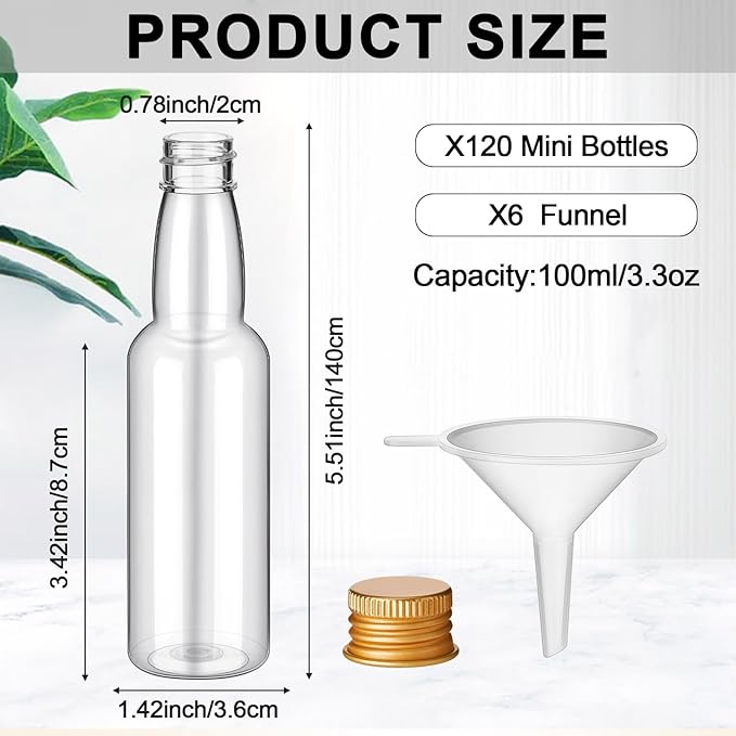 120 Pcs Mini Liquor Bottles Airtight Shot Miniature Empty Plastic Alcohol Spirit Shot Bottles with Funnels for Party Favors, Weddings(3.3 oz,Gold)