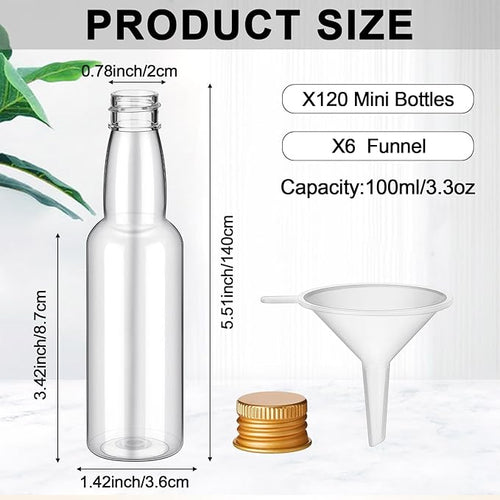 120 Pcs Mini Liquor Bottles Airtight Shot Miniature Empty Plastic Alcohol Spirit Shot Bottles with Funnels for Party Favors, Weddings(3.3 oz,Gold)
