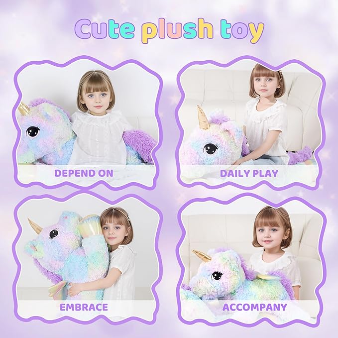 44 Inch Giant Rose Rainbow Unicorn Stuffed Animal Plush Toy with Wings Soft Cute Large Unicorn Plushies Animals Body Pillow Gift for Children Boy Girl Kids Birthday Valentine Room Decorations