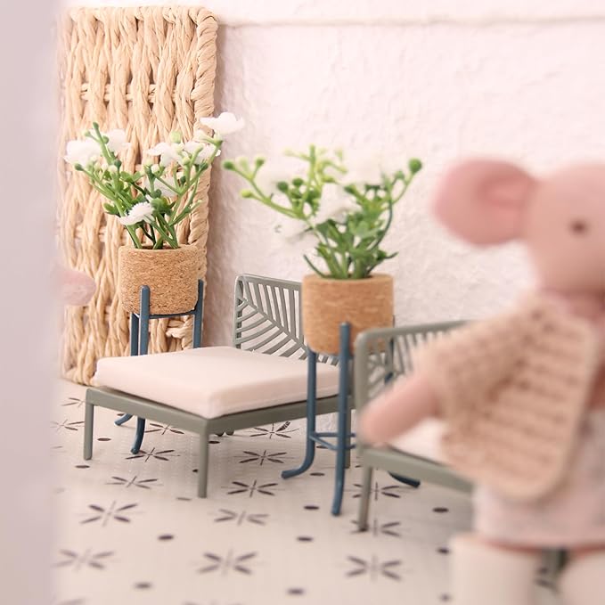 Funky Mini House 2-Pack Miniature Dollhouse Plant Stand & Artificial Flower Pot Sets - 1:12 Scale Mini Home Decor for Doll House, Ideal Gift for Miniature Lovers (Blue)