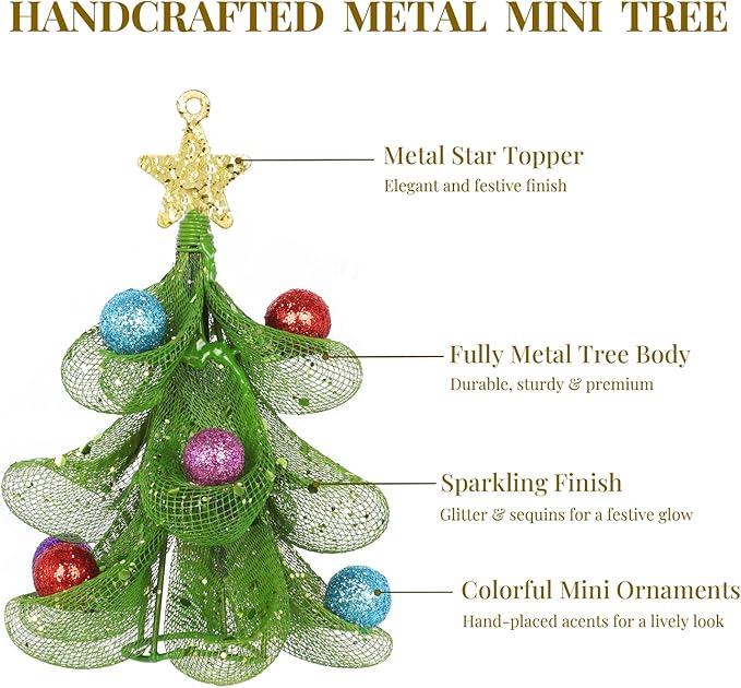 XMIAOX Mini Metal Christmas Tree, 5.9" Handcrafted Wire Mesh Tree Tabletop Hanging Ornament with Star Tree Topper & Colorful Glitter Balls, Sparkling Holiday Decoration for Desk, Shelf & Home Décor