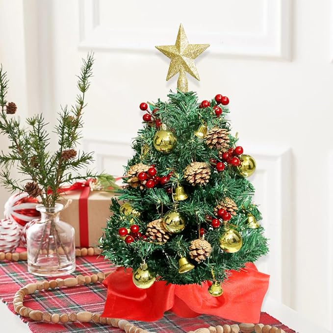 24 Inch Mini Christmas Tree with Lights 2ft Small Christmas Tree with Star Christmas Table Decorations for Bedroom, Home, Office, Holiday Party Decor