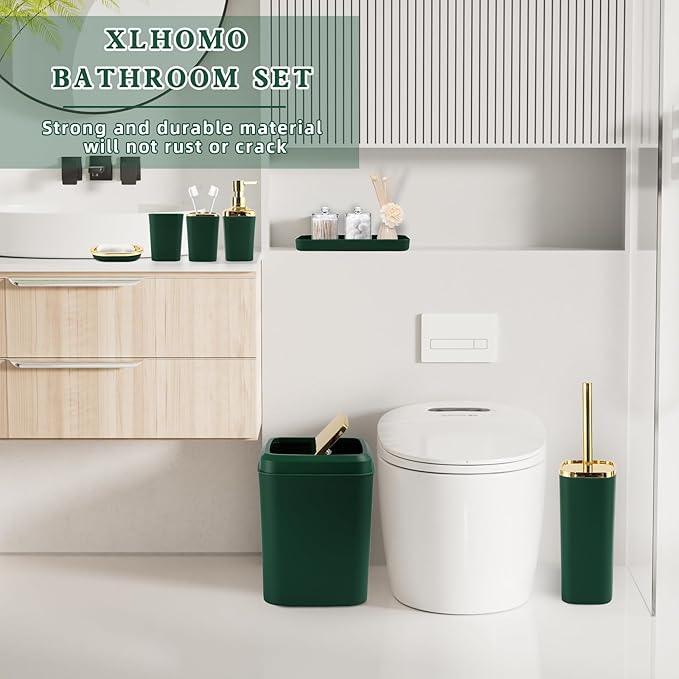 XLHOMO Dark Green Bathroom Accessories Set, Green and Gold Bathroom Accessories with Trash Can, Soap Dispenser, Soap Dish, Toothbrush Holder and Q-tip Holders