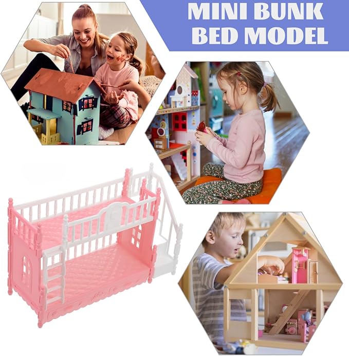 Miniature Bunk Bed Model with Ladder for 16cm Dolls, Dollhouse Bedroom Furniture, Pink, 8.66 X 5.51 X 3.14 Inches, Abs Material, Space-Saving Design for Mini House Decoration