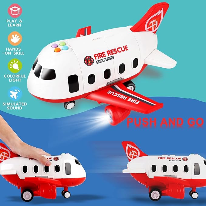 Dwi Dowellin Airplane Toys with Fire Truck Cars Toy Set and Play Mat,Plane with Light Up and Sounds,Birthday Gift for 3 4 5 6 Years Old Kids Boys Girls(Medium)