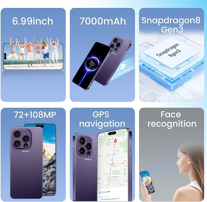 Huness I16PROMAX 16+1TB Smartphone Unlocked Cell Phone,6.99" HD Screen Unlocked Phones,Battery 7000mAh Android 14,Face ID/Fingerprint Button unlock/Photos/5G/Dual SIM/GPS (Deep Purple, 16+1TB)