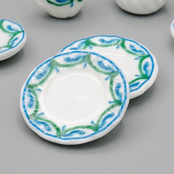 Odoria 1/12 Miniature Porcelain Tea Set 15Pcs Dollhouse Decoration Accessories, Green