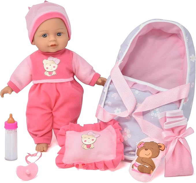 12 Inch Interactive Talking Baby Doll with Bassinet Carrier Bed & Accessories, Doll That Cries Laughs Talks with Pacifier Magic Disappearing Bottle & Take Along Bed with Blanket & Pillow