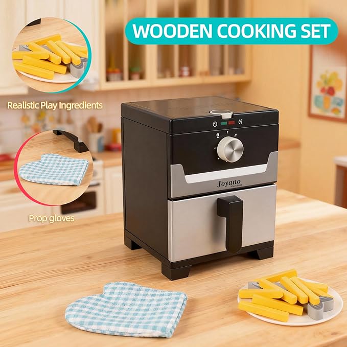 15-PCs Wooden Air Fryer/18-PCs Pressure Cooker Playset for Kids Pretend Cooking Toy with Food Accessories Utensils Montessori Kitchen Role Play (Air Fryer)