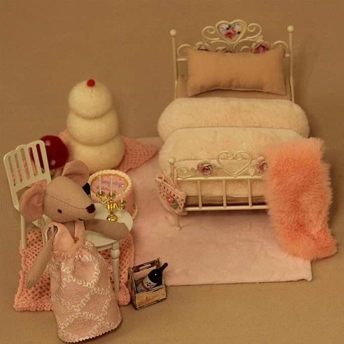 1:12 Dollhouse Furniture Bed, 1 Set Miniature White Hand Floral Engravings Iron Bed with Removable Bedding and Pillow, Miniature Furniture Gift for Dollhouse Lovers and Collectors