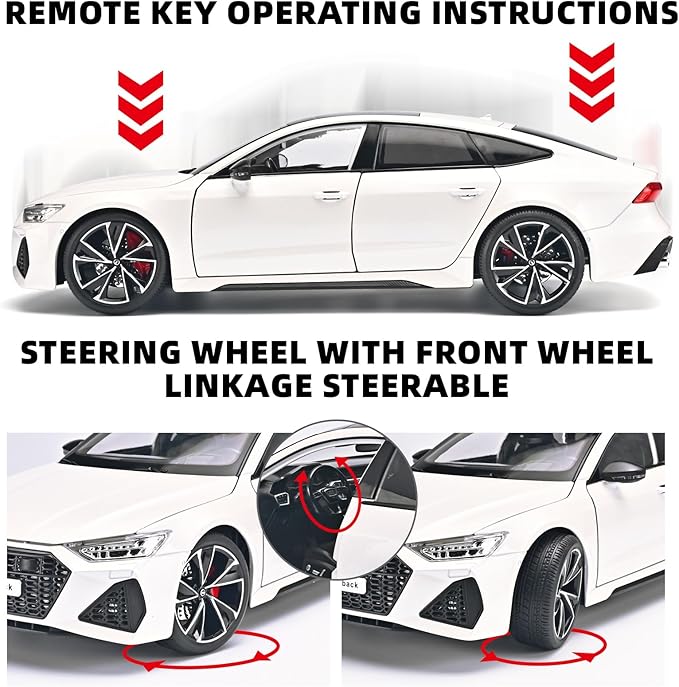 Model Car Kits for Adult 1/18 Diecast Cars Compatible with Audi RS7 Sportback Car Collection,Remote Control Key Version Metal Toy Cars with Lights and Sounds,Toy Cars for Boys Age 4-7（White）