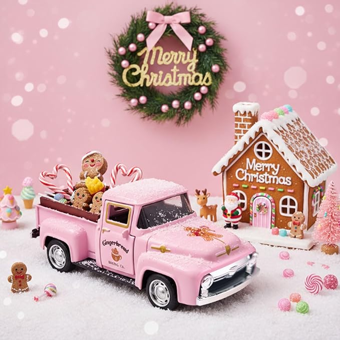Pink Gingerbread Christmas Decor Vintage Farmhouse Metal Truck with Mini Fake Candy Cookie Box Ginger Bread Man Pastel Gingerbread Christmas Tabletop Decorations for Xmas Tray Holiday Mantel Kitchen