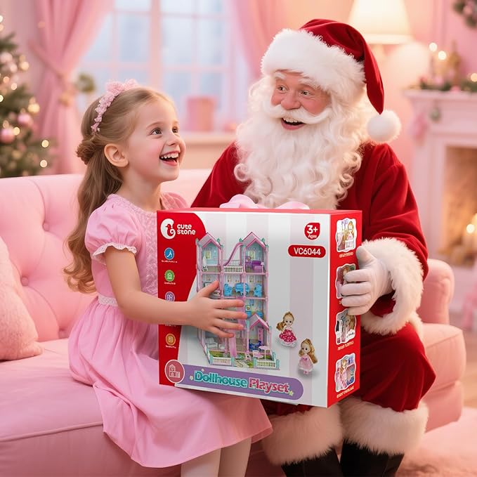 CUTE STONE Huge Dollhouse for Girls, Large Pretend Play Pink Doll House Gift for Kids