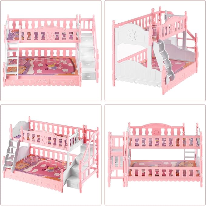 DOITOOL Dollhouse Bunk Bed Miniatures Plastic Bunk Bed 1/12 Scale Doll House Furniture with Bedding Pretend Play Dollhouse Accessory for Kids