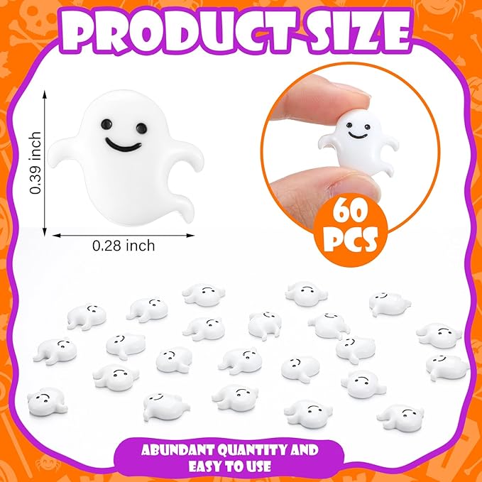 Giegxin 60 Pcs Halloween Miniatures Ghost Charms Flatback Mini Ghost Decoration Small Artificial Halloween DIY Craft for Party Dollhouse Hair Clips Vase Fillers Accessories(White,0.39 Inch)